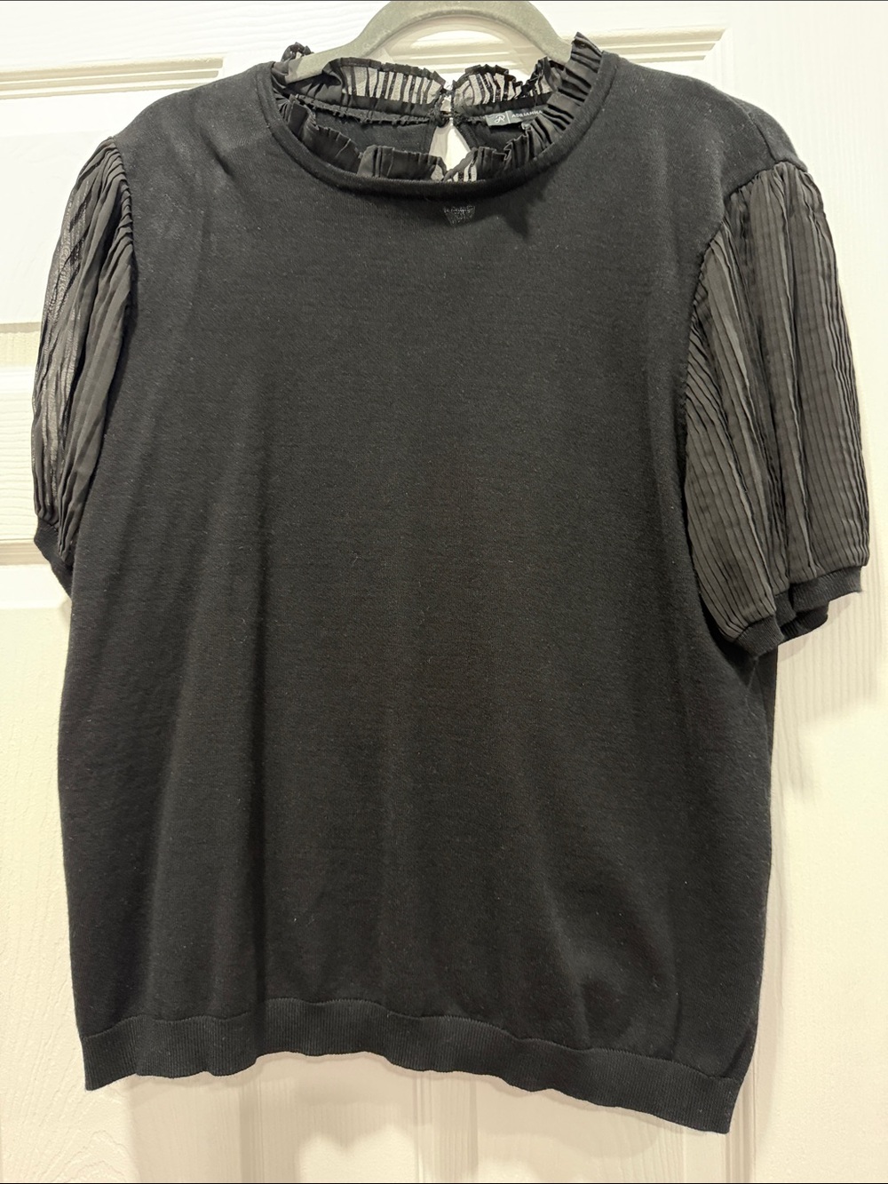 Adrianna Papell Black Puff Sleeve Knit Top with Pleated Sheer Sleeves